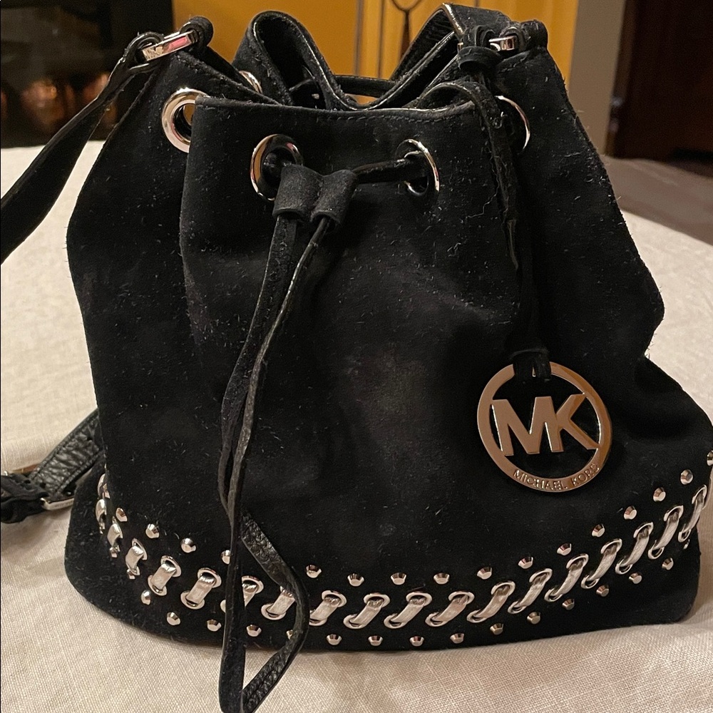 Michael Kors Black Suede Bucket Bag with Silver Accents